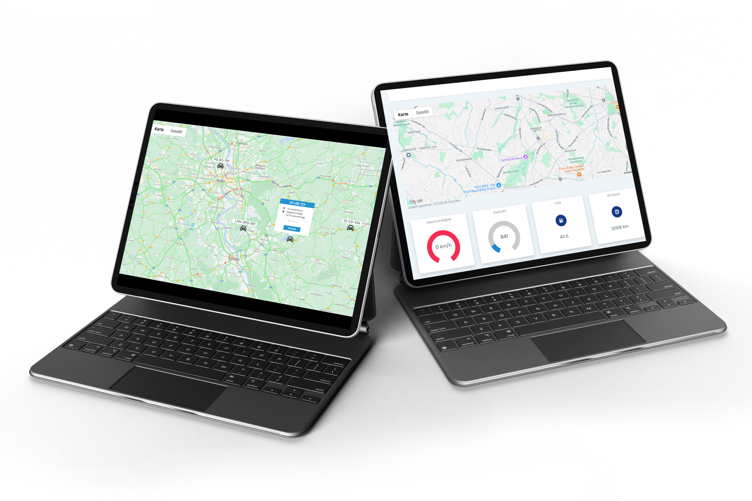 Zwei Laptops/Tablets, die jeweils die Live-Karte des Powerfox GPS-Management und das Dashboard zeigen.